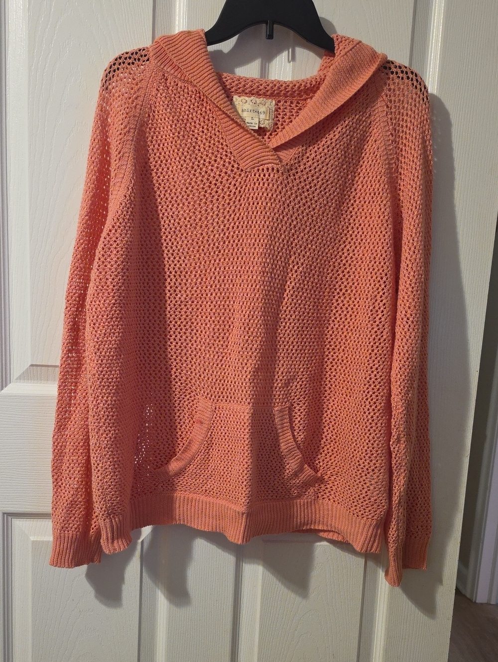 Shirt 469 Open-Knit V-Neck Hoodie Sweater in Peach